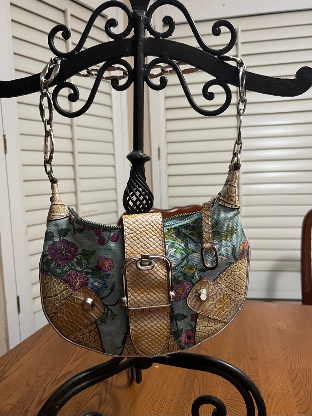 Guess vintage Floral Embossed Shoulder Bag in Green and Gold